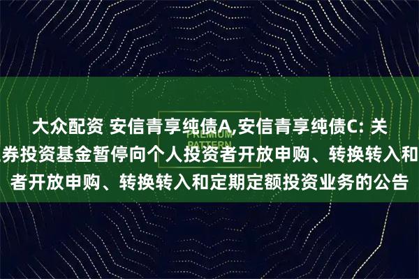 大众配资 安信青享纯债A,安信青享纯债C: 关于安信青享纯债债券型证券投资基金暂停向个人投资者开放申购、转换转入和定期定额投资业务的公告